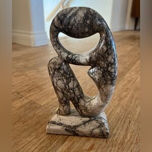 Vintage abstract stone marble sculpture thinker, grey & black, African art